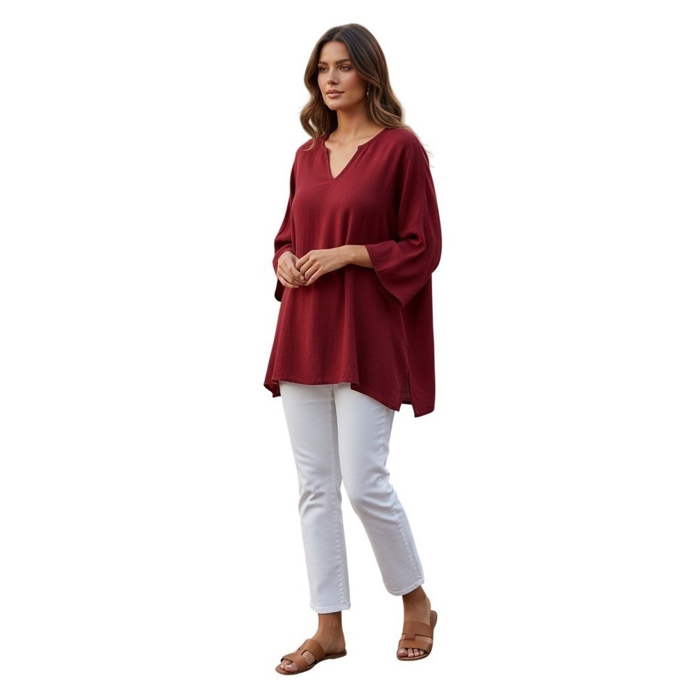 NWT Rhea India Burgundy Viscose Kurta‎ Tunic Top  L/XL Boho V-Neck 3/4 Sleeve